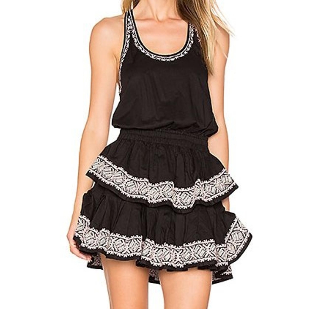 Loveshackfancy sexy racerback sleeveless ruffle mini dress black embroidered S